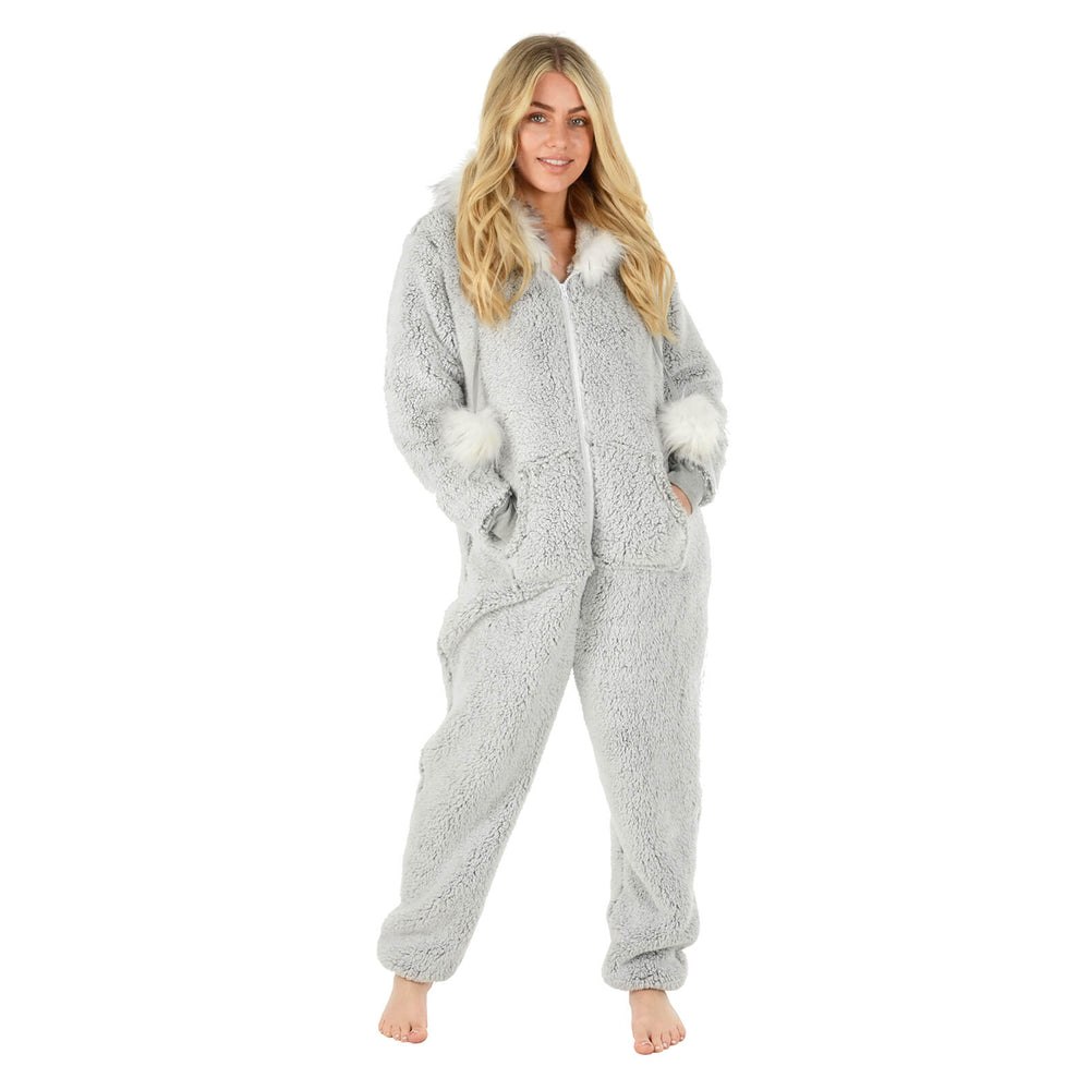 Womens All in One Pyjama Suit Faux Fur Hood Pom Poms Fleece