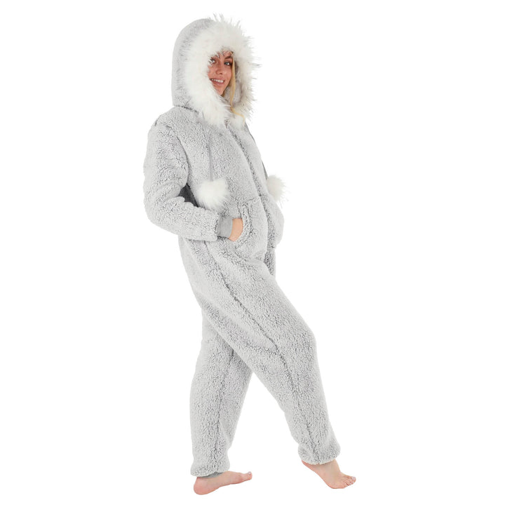 Womens All in One Pyjama Suit Faux Fur Hood Pom Poms Fleece