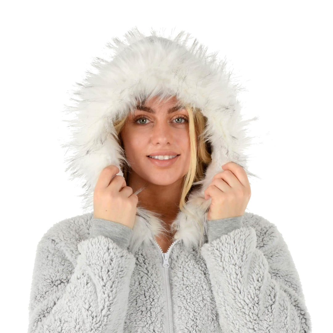 Womens All in One Pyjama Suit Faux Fur Hood Pom Poms Fleece