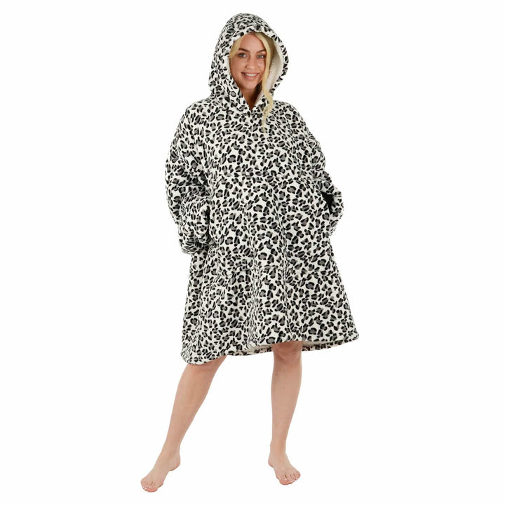 Adults Hoodie Blanket Unisex Oversized Sherpa Fleece Sweatshirt Black/White Leopard