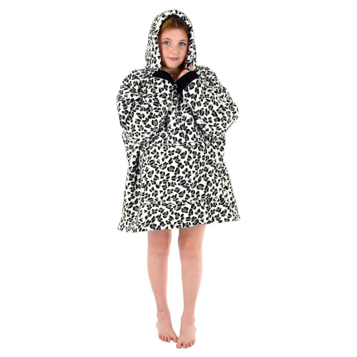 Teens Hoodie Blanket Unisex Oversized Sherpa Fleece Sweatshirt Black/White Leopard