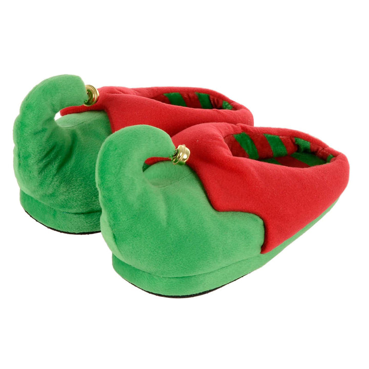 Womens Christmas Elf Slippers Jingle Bells Green Red