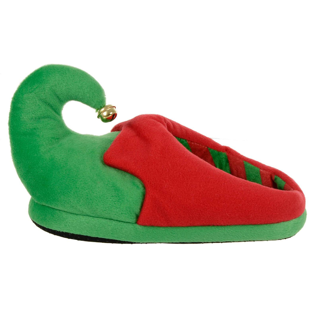 Womens Christmas Elf Slippers Jingle Bells Green Red