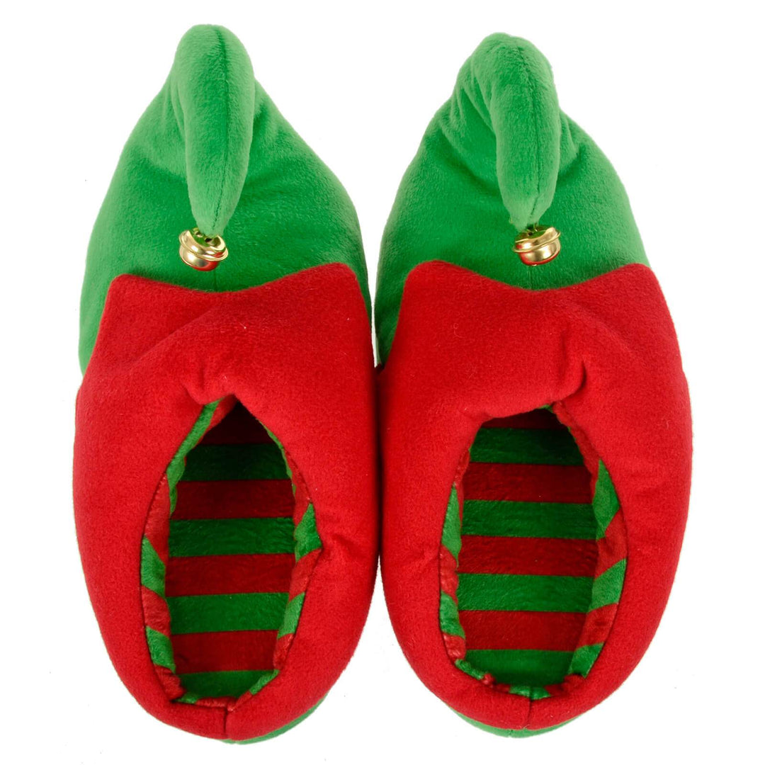 Womens Christmas Elf Slippers Jingle Bells Green Red