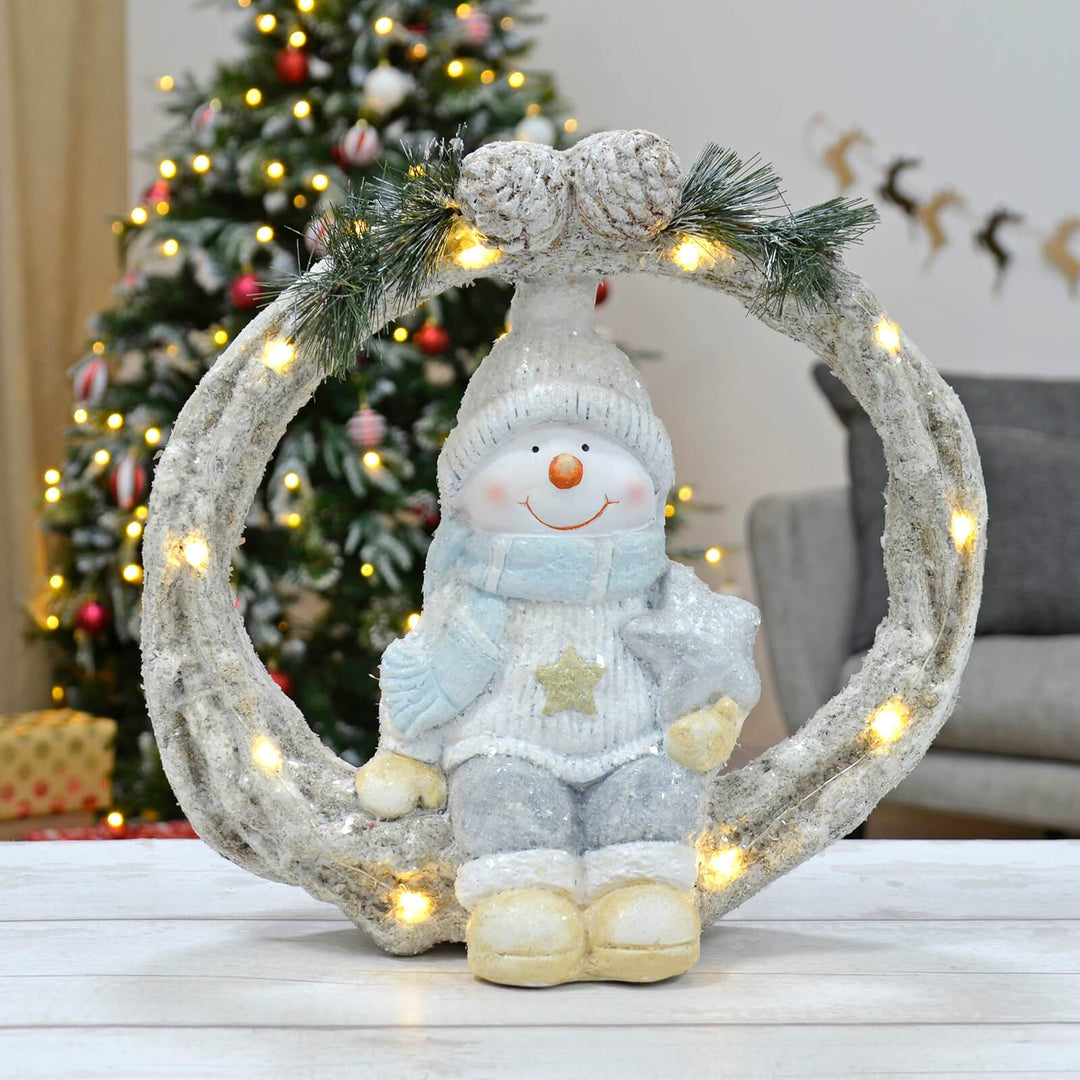 Light Up Christmas Figure On Wreath Ceramic Decoration 40cm Snowman