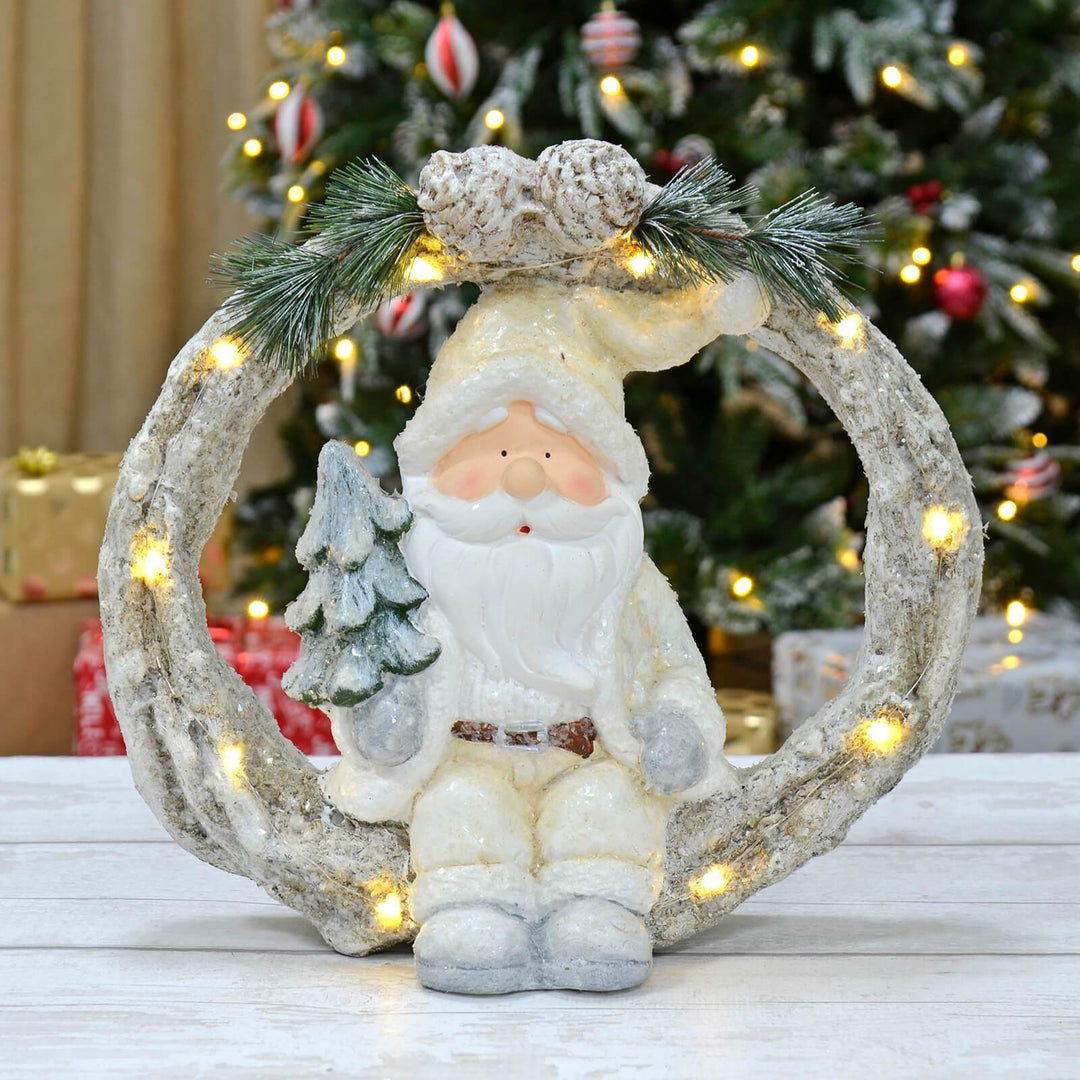 Light Up Christmas Figure On Wreath Ceramic Decoration 40cm Santa