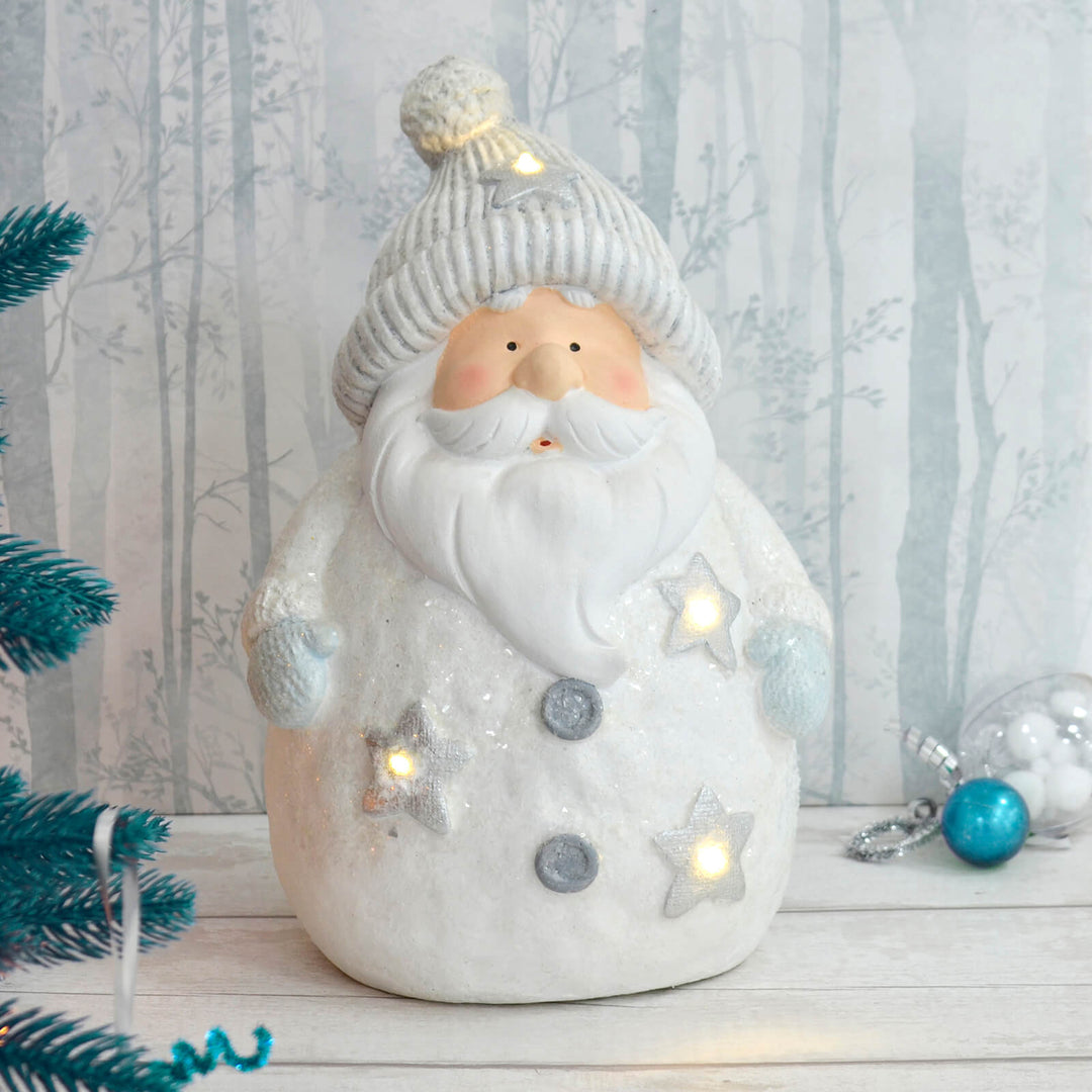 Light Up Christmas Decoration Ceramic White Blue Glitter Figure 37cm Santa