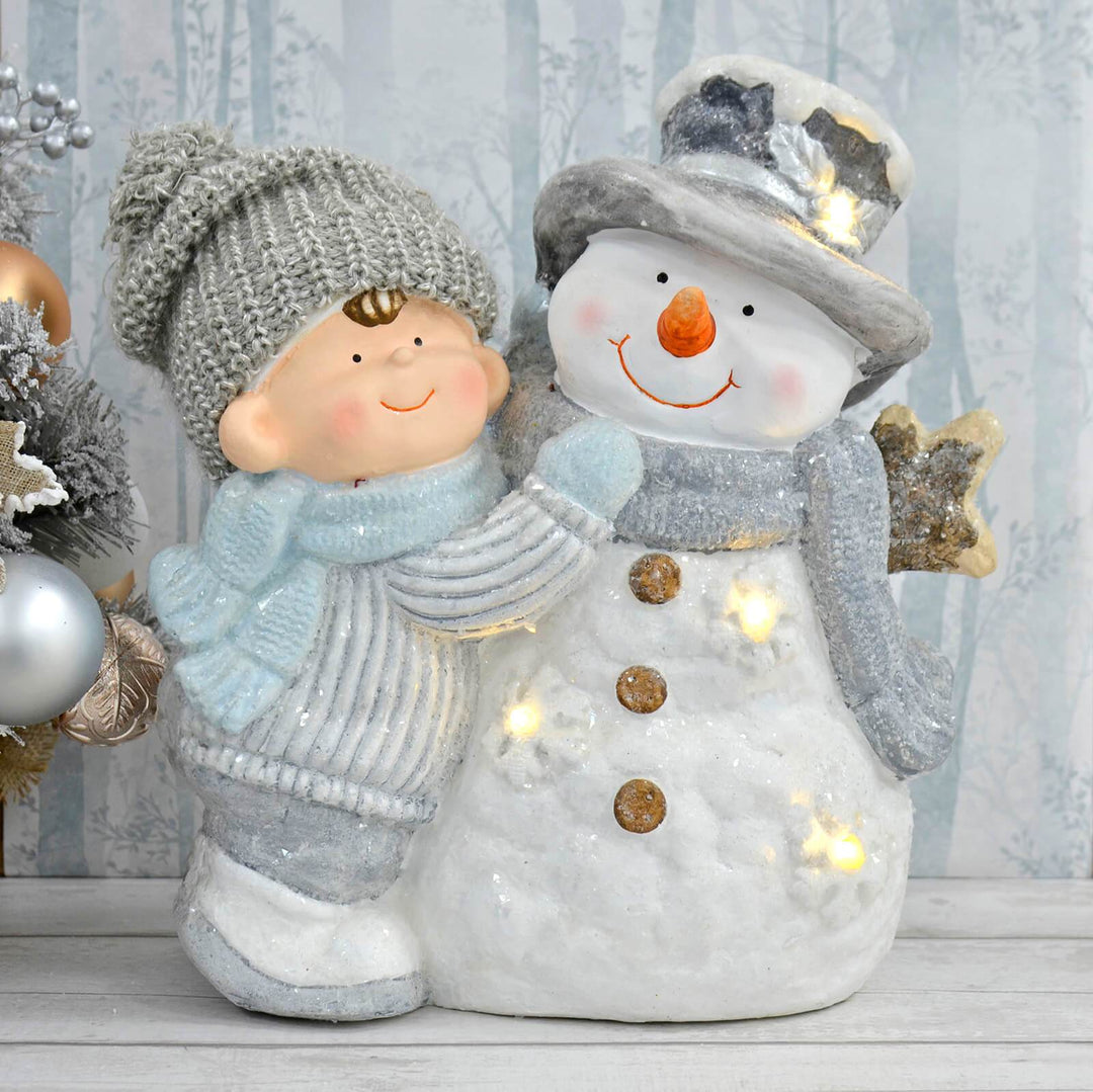 Light Up Christmas Decoration Snowman Child Ceramic Figure 37cm Boy