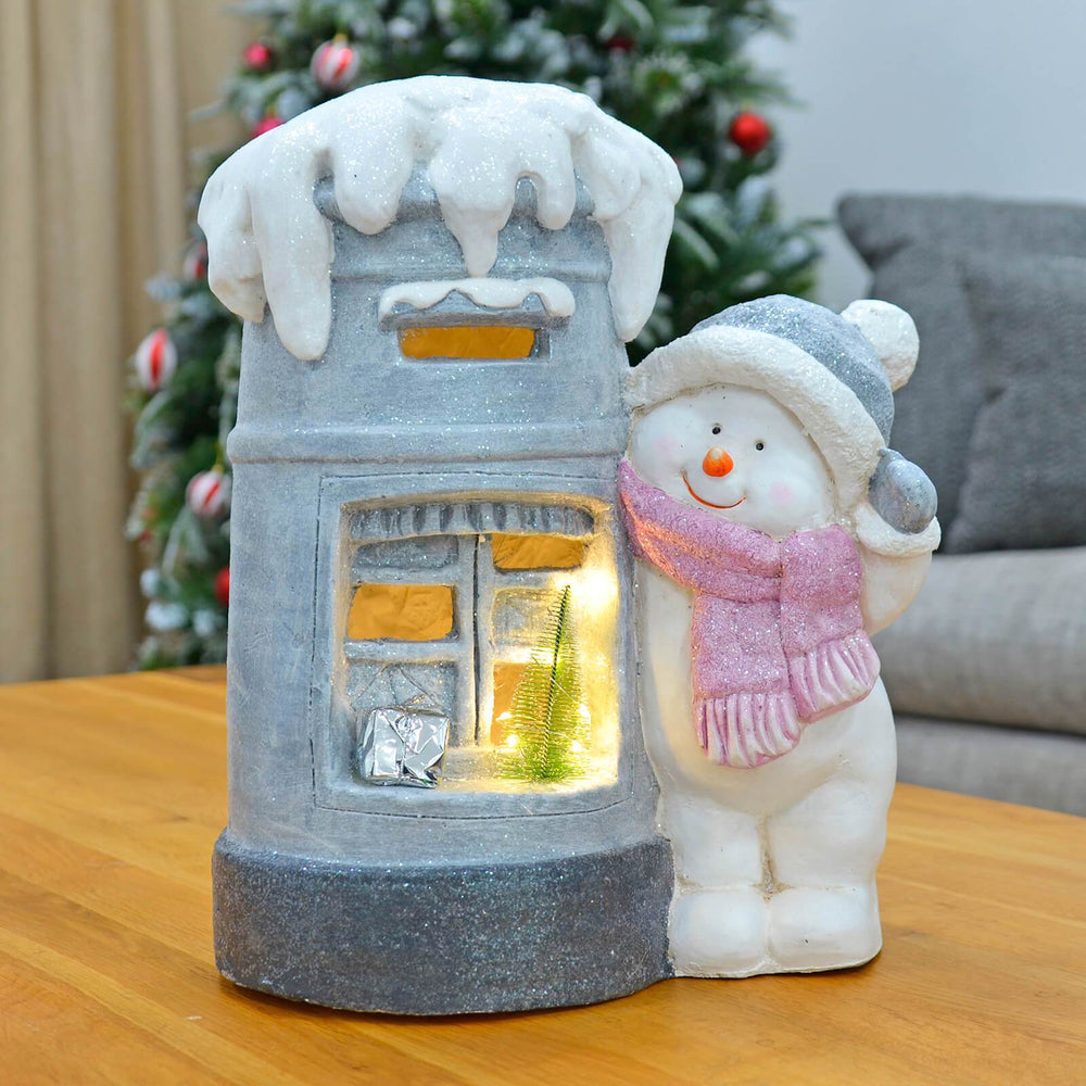 LED Post Box Light Up Christmas Decoration Snowman Ceramic 36cm