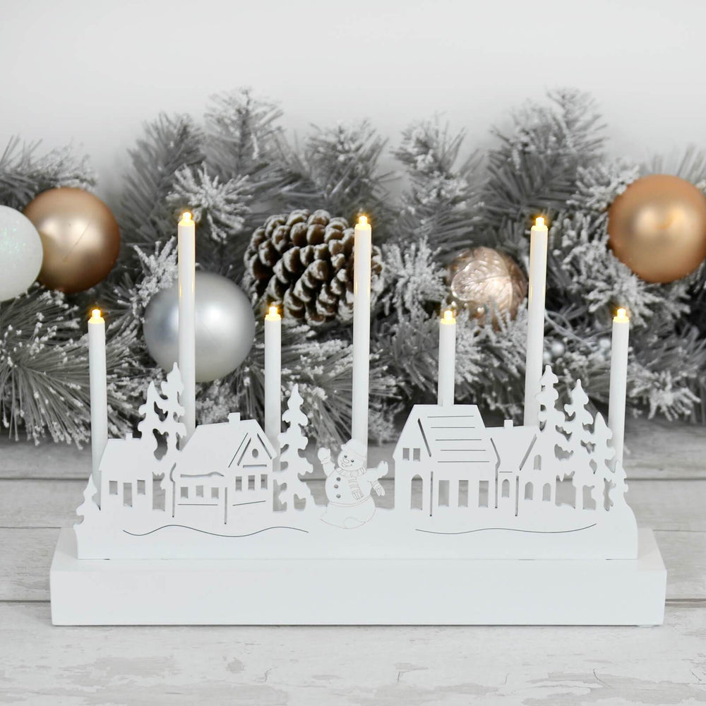 7 Light Christmas Candle Decoration White Silhouette Scene 32cm Village