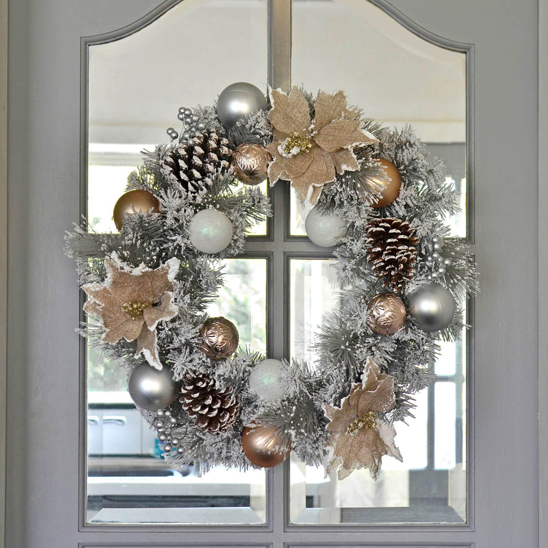 50cm Grey Snowy Wreath With Gold/Silver Decorations