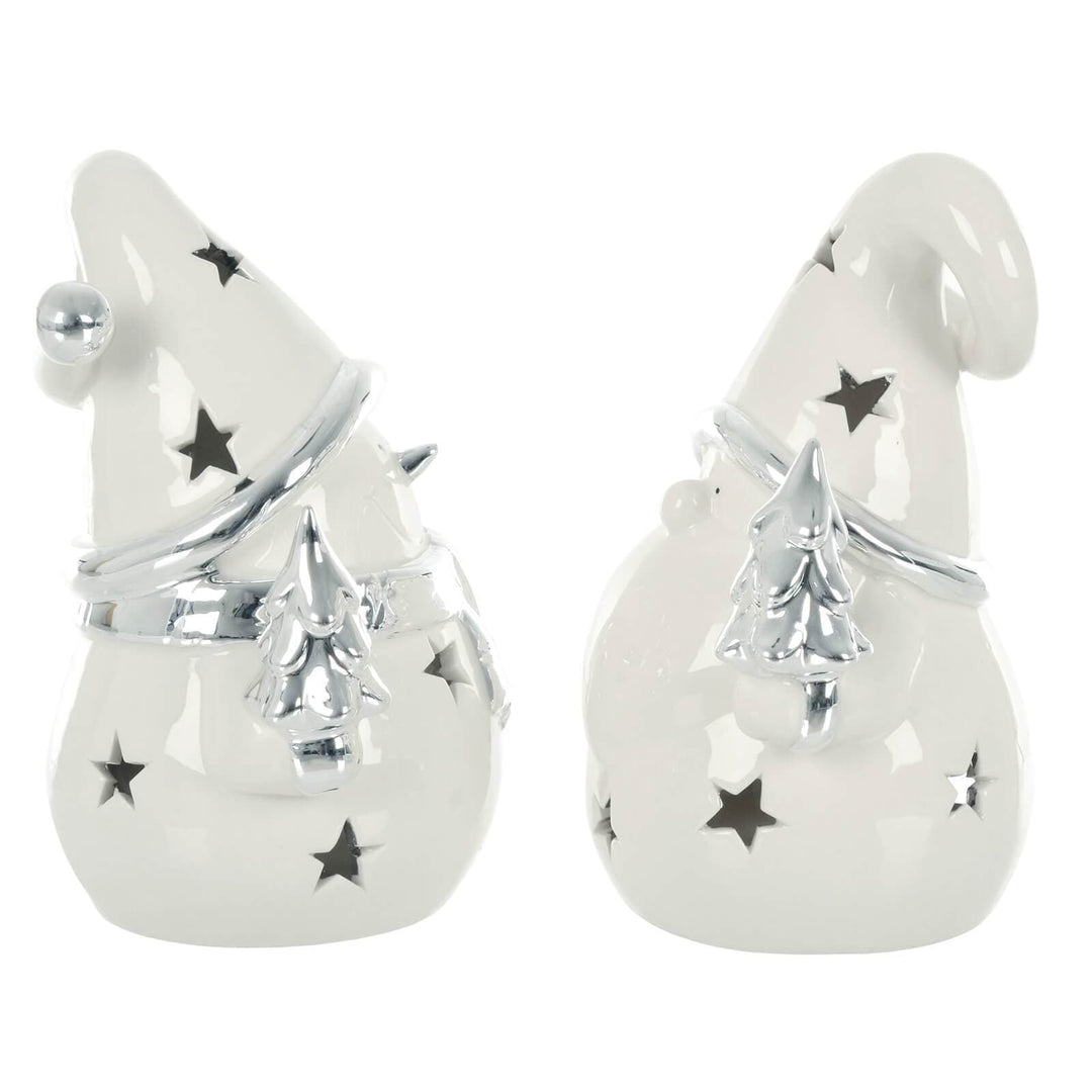 Set of 2 Santa Snowman Tea Light Candle Holders White Silver 18cm