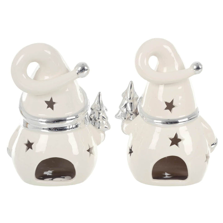 Set of 2 Santa Snowman Tea Light Candle Holders White Silver 18cm