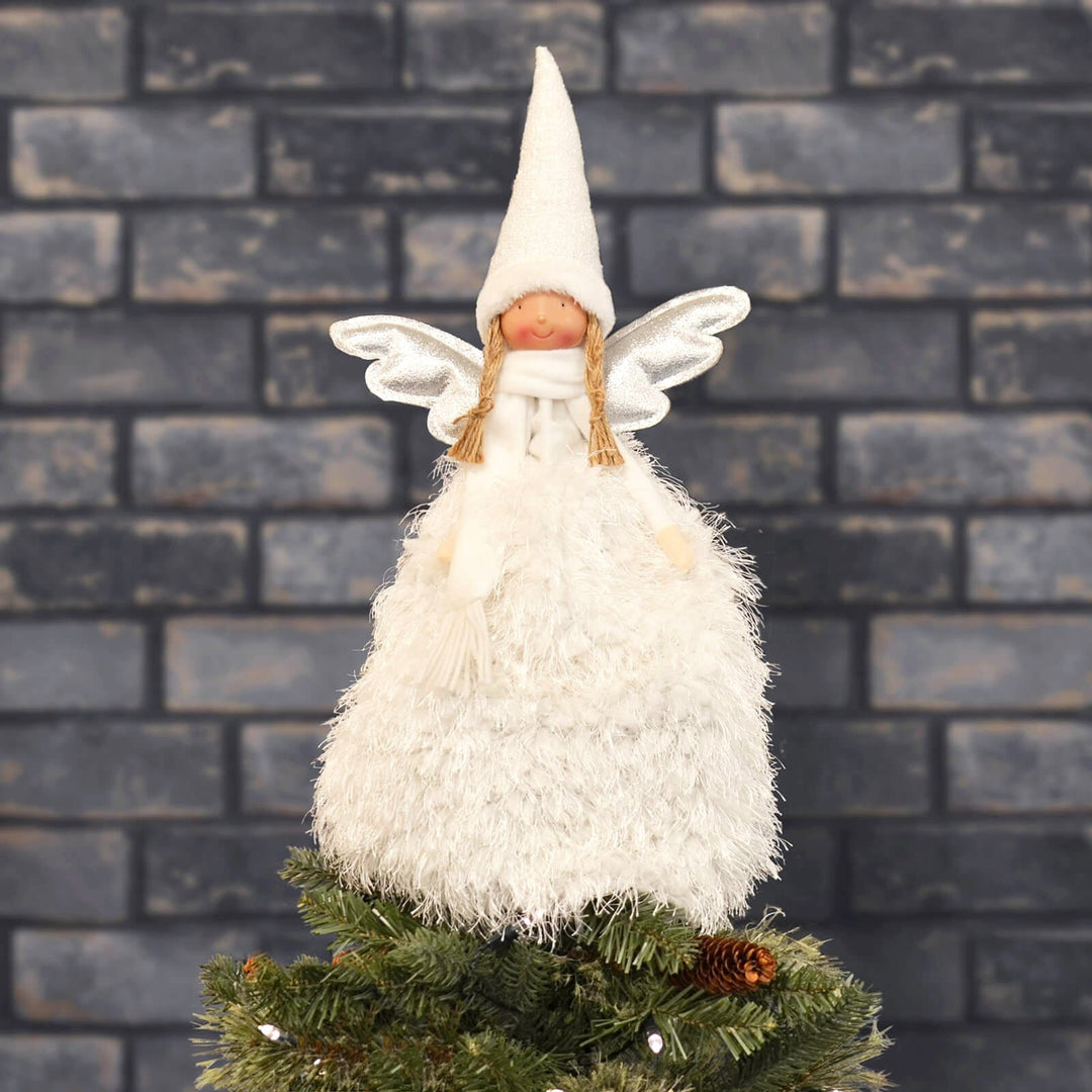 Fabric Christmas Tree Fairy Topper White Silver Long Robe 55cm