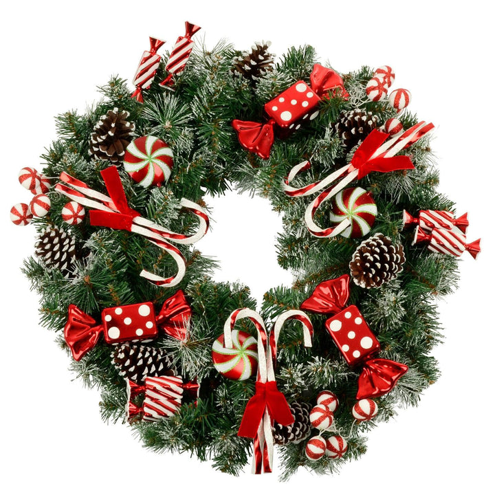 30" Christmas Wreath Candy Canes Sweets Snow Pine Cones