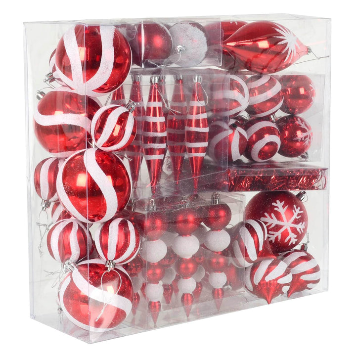 52pc Christmas Tree Baubles Set Mixed Design Red White