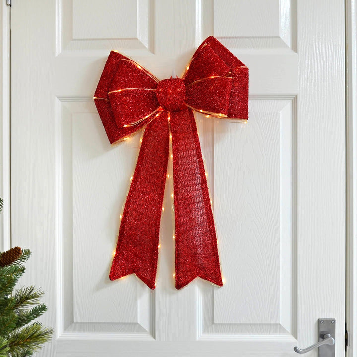 Light Up Christmas Door Bow Decoration Glitter 60cm