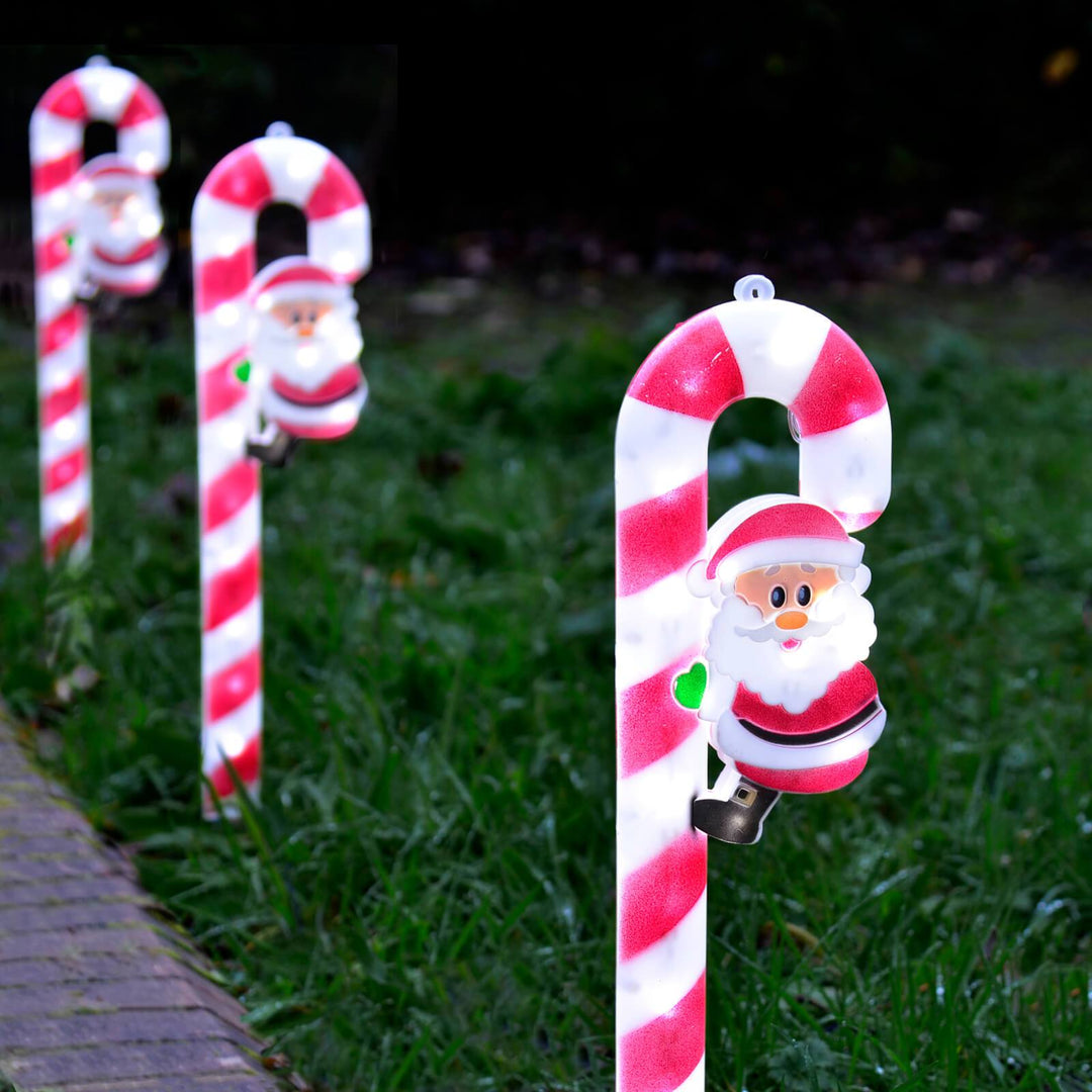 3 Santa Candy Cane Christmas Pathway Lights Outdoor Garden Stakes