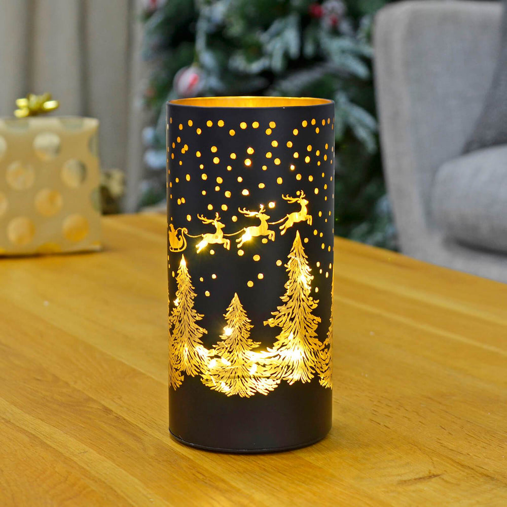 Christmas Cylinder Light Black Gold Decoration Glass 20cm Santa & Sleigh