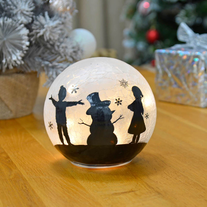 Light Up Christmas Crackle Ball Decoration LED Ornament 15cm Snowman & Kids