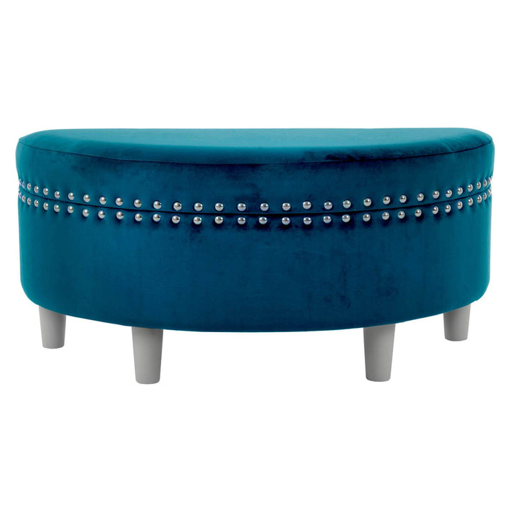 Half Moon Storage Ottoman Velvet Round Padded Seat Teal