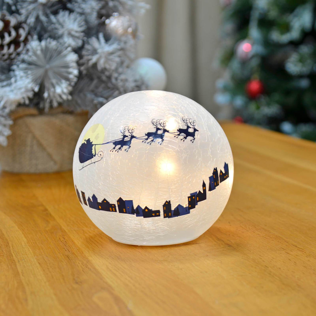 Light Up Christmas Crackle Ball Decoration LED Ornament 15cm Santa & Sleigh