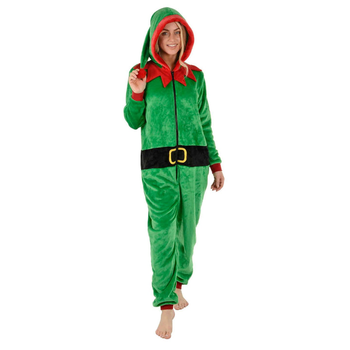 Womens All in One Elf Pyjama Suit Fleece Christmas Nightwear