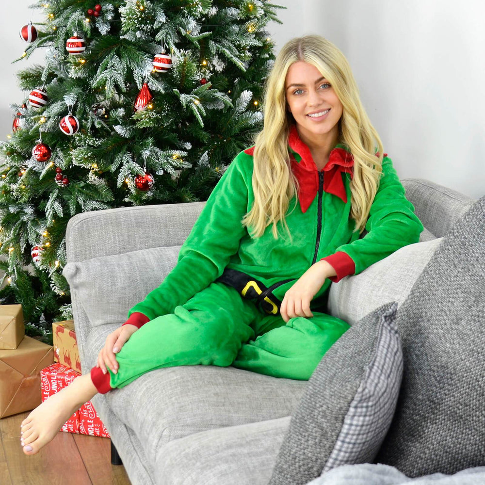 Womens All in One Elf Pyjama Suit Fleece Christmas Nightwear