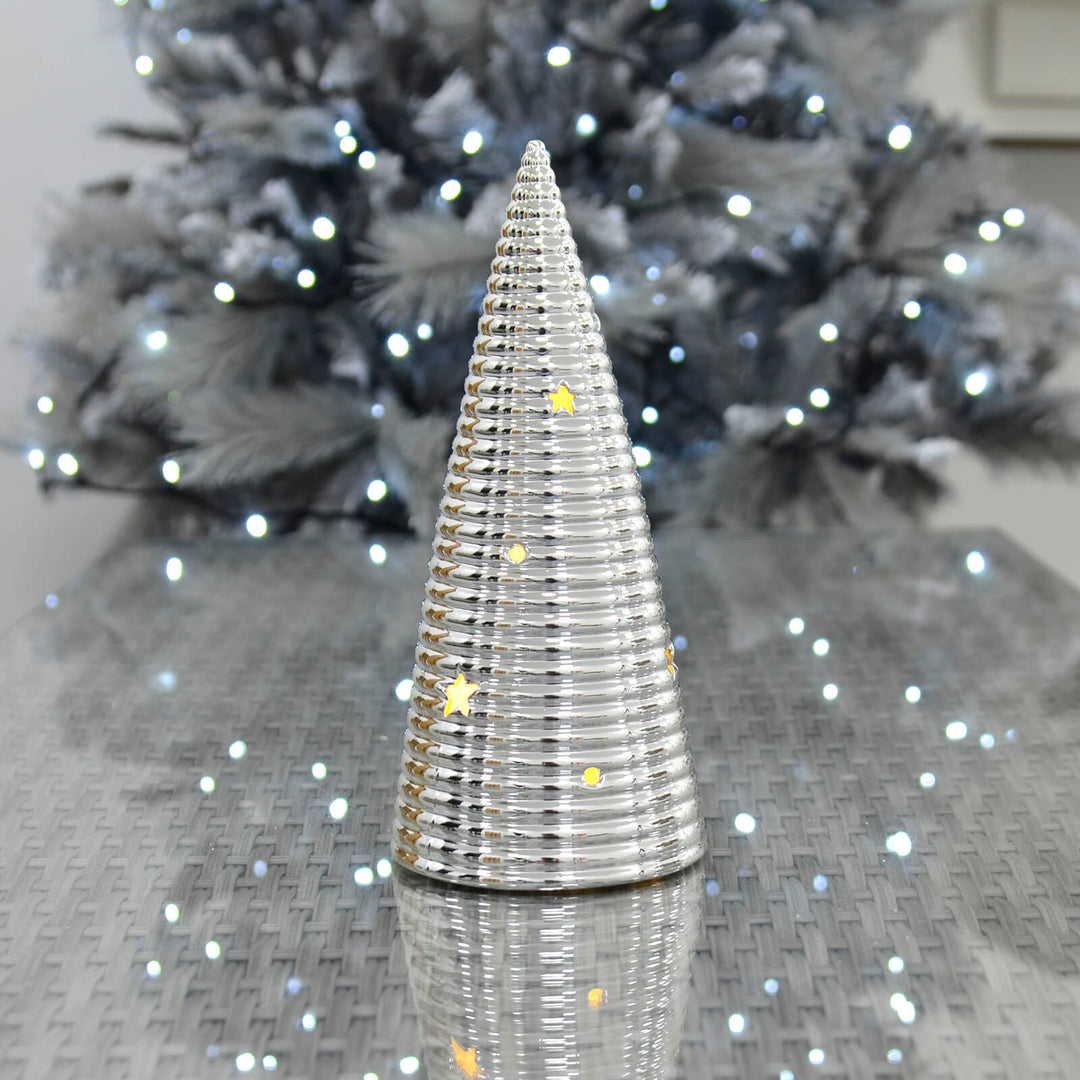 Light Up Christmas Tree Ornament Silver Finish Ceramic 25cm