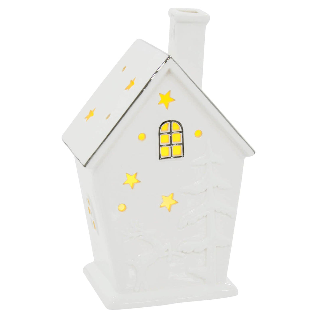 Light Up House Christmas Decoration White Silver Ceramic 20cm