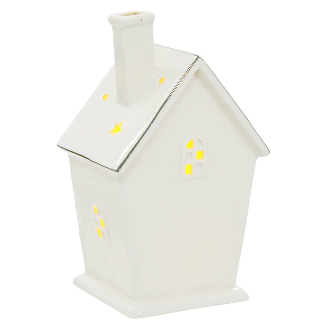 Light Up House Christmas Decoration White Silver Ceramic 20cm