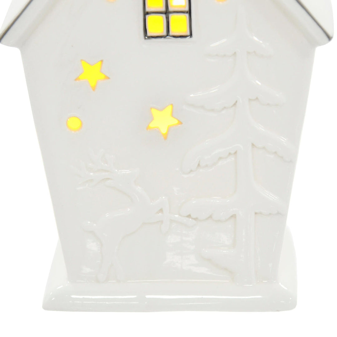 Light Up House Christmas Decoration White Silver Ceramic 20cm