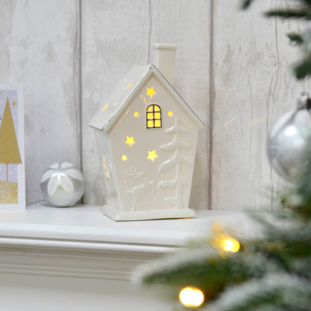 Light Up House Christmas Decoration White Silver Ceramic 20cm