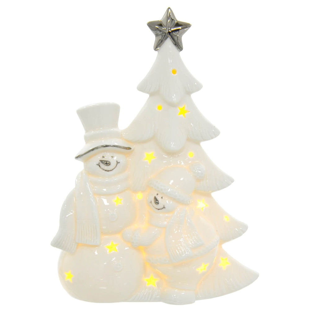 LED Snowman With Christmas Tree Decoration White Ceramic 23cm