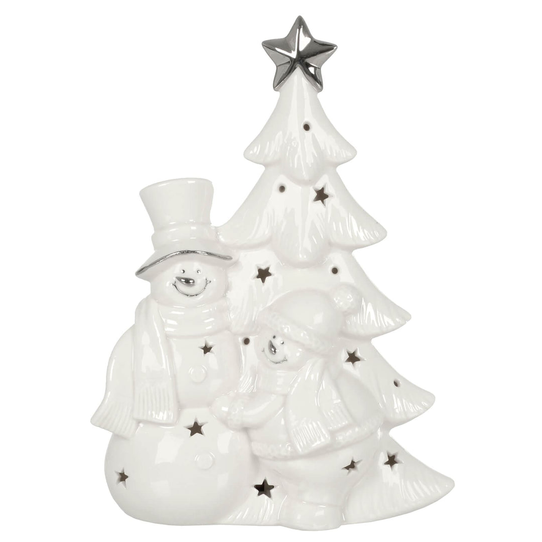 LED Snowman With Christmas Tree Decoration White Ceramic 23cm