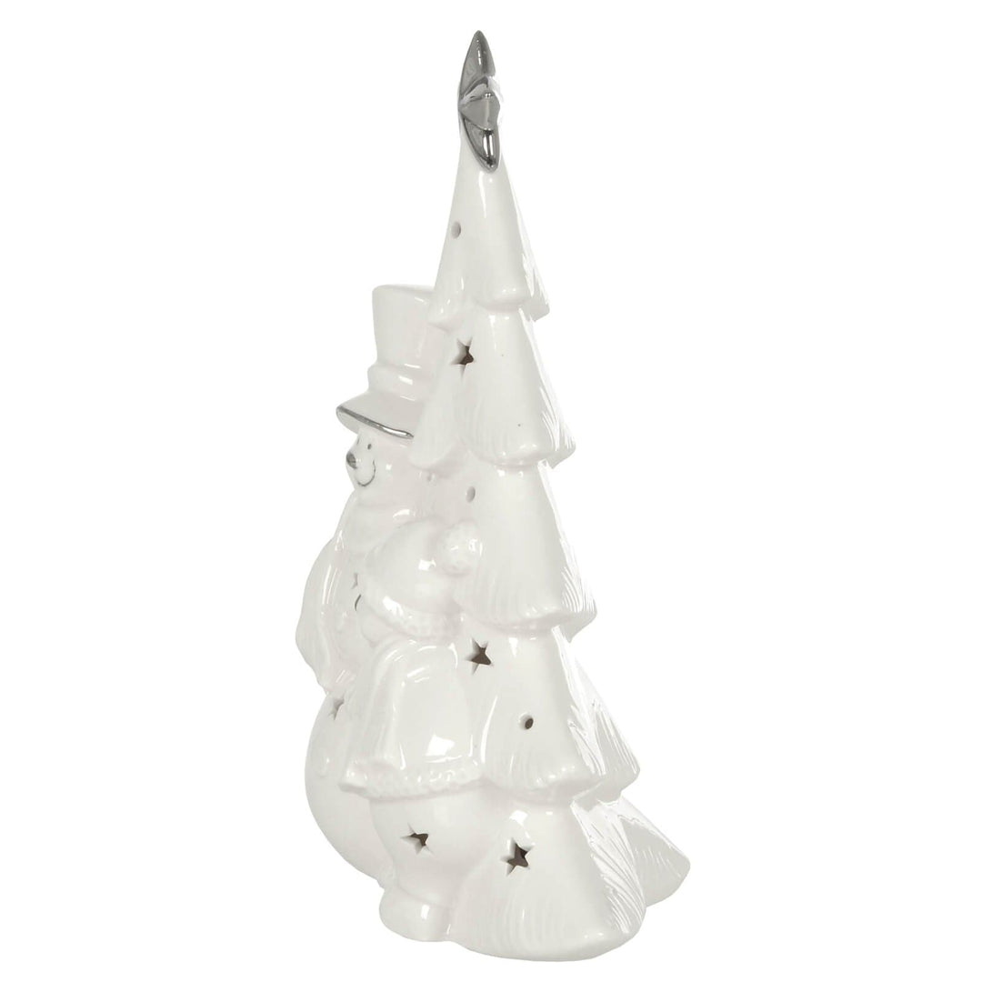 LED Snowman With Christmas Tree Decoration White Ceramic 23cm