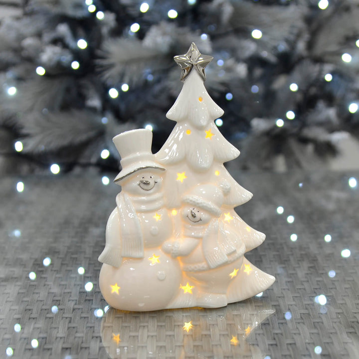 LED Snowman With Christmas Tree Decoration White Ceramic 23cm