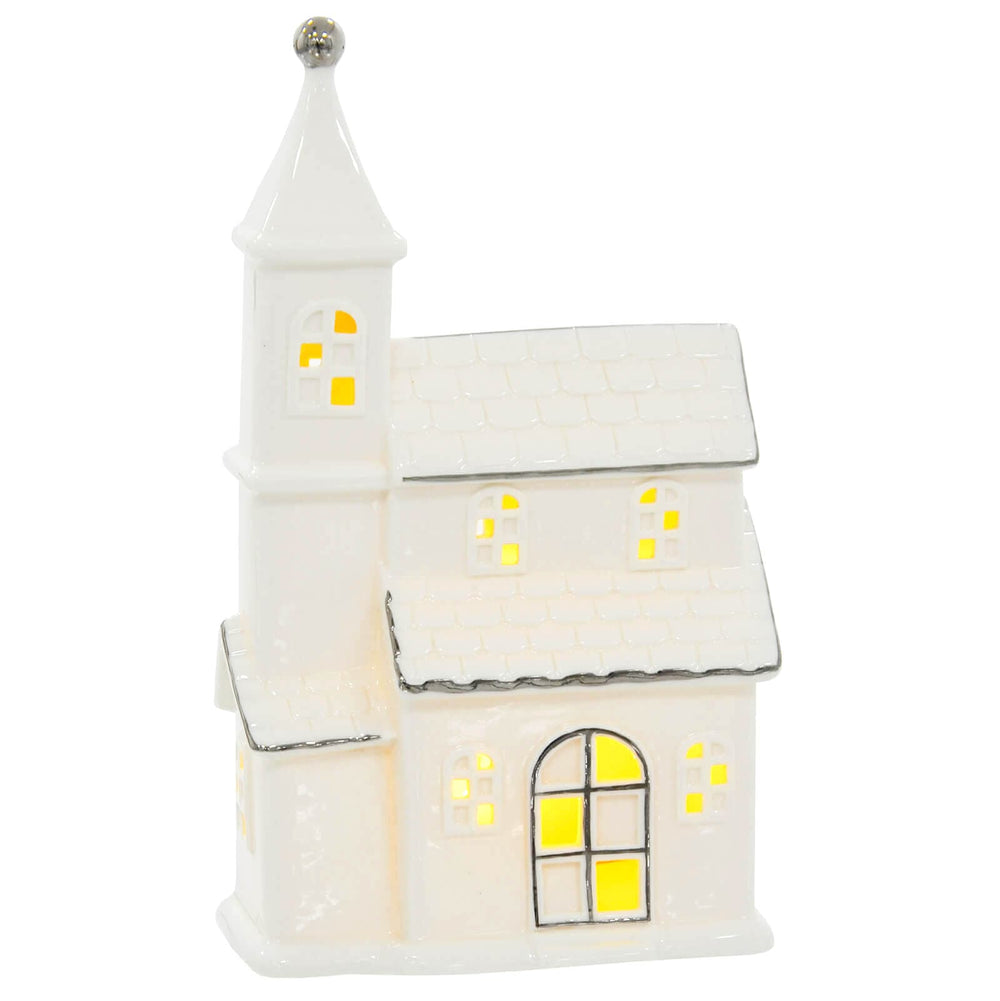 LED Town House Christmas Decoration Silver White Ceramic 25cm