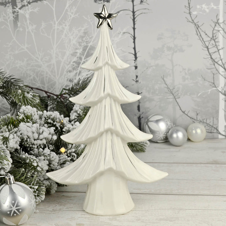 Christmas Tree Decoration Ornament White Ceramic Silver Star 30cm