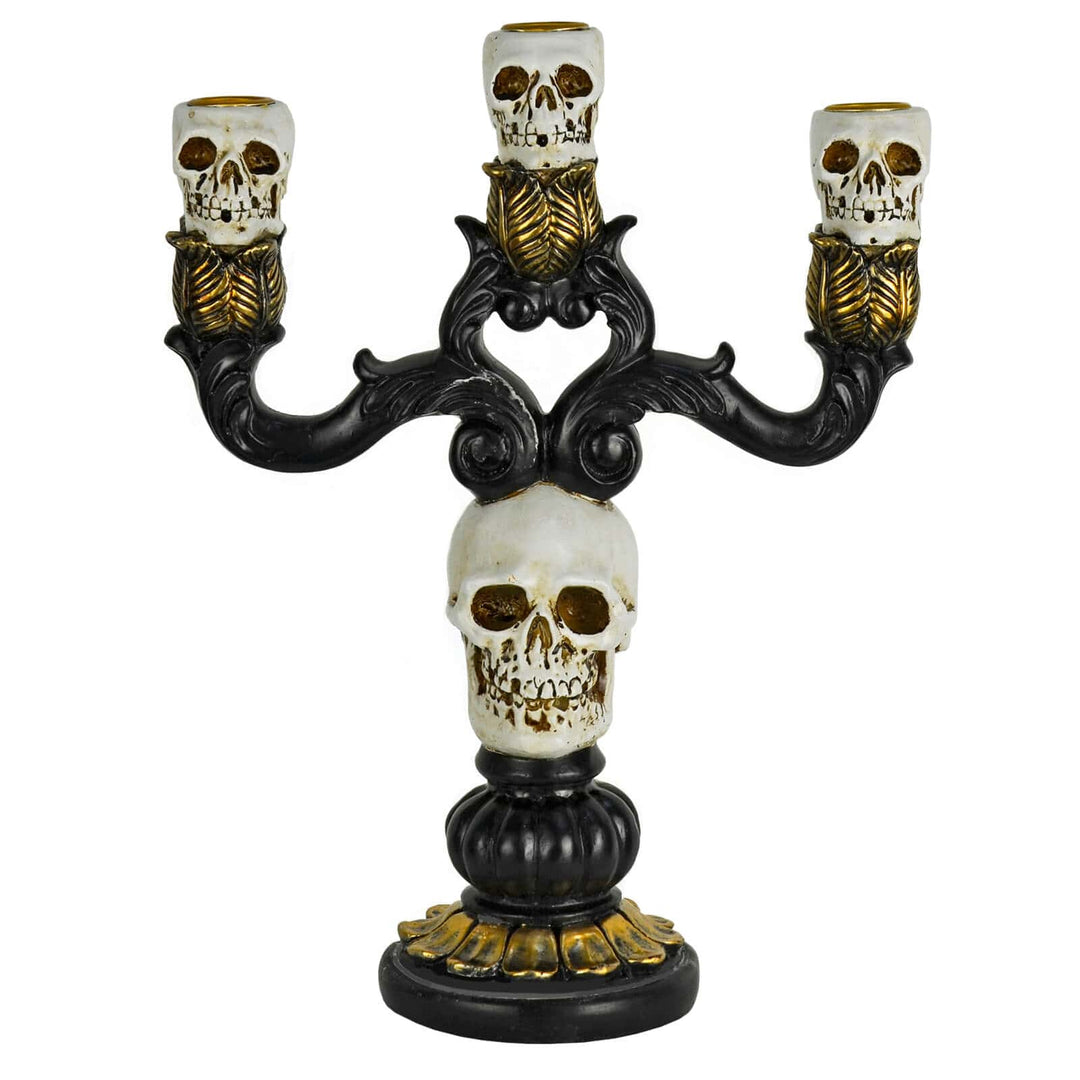 3 Candle Skull Candelabra Black Gold Halloween Decoration 30cm