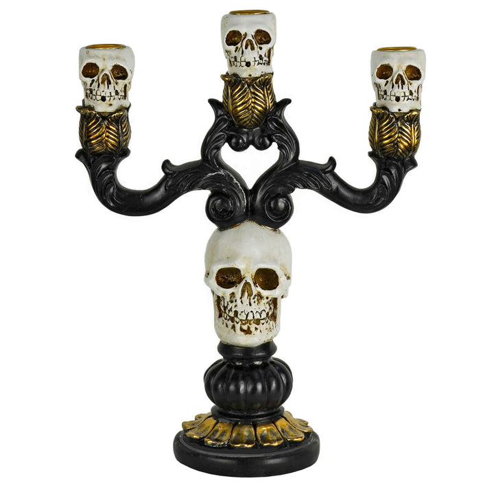 3 Candle Skull Candelabra Black Gold Halloween Decoration 30cm