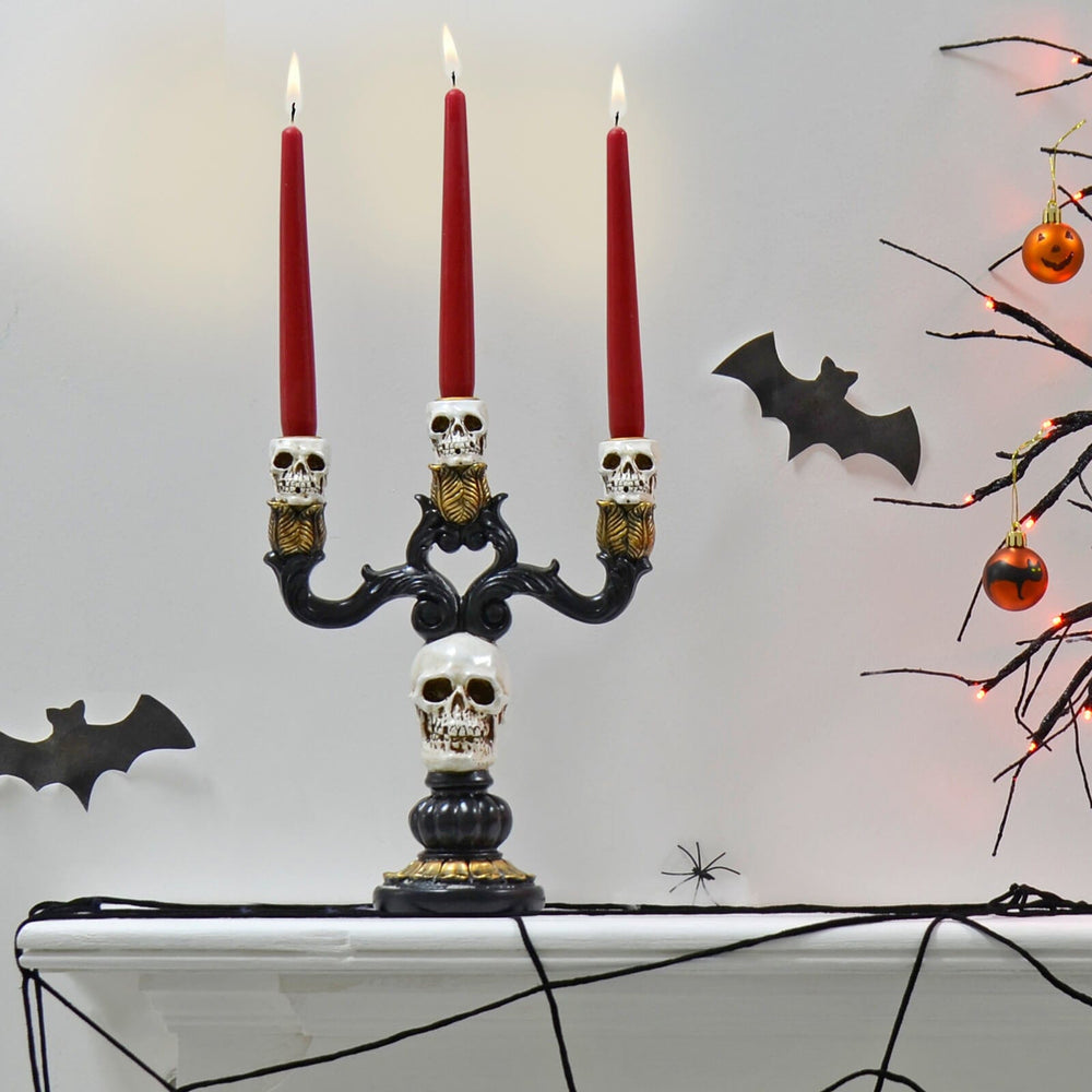 3 Candle Skull Candelabra Black Gold Halloween Decoration 30cm