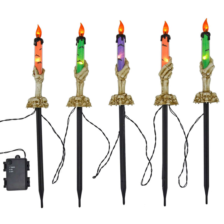 Set Of 5 LED Skeleton Candle Garden Stakes Halloween Prop 46cm