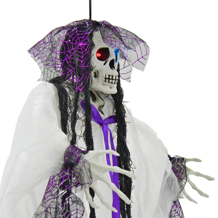 4ft Hanging Skeleton Flashing Eyes Purple Bow Webs Decoration