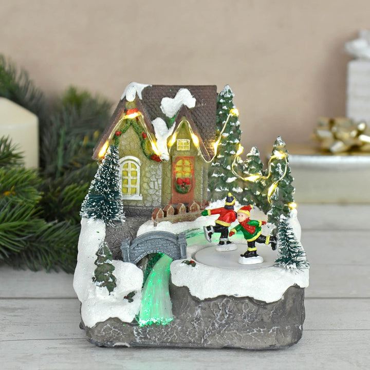 Christmas House River Light Up Moving Snow Scene Skaters 14cm