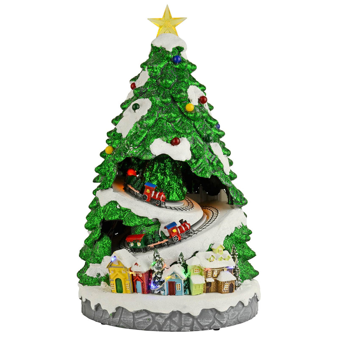 Christmas Tree Light Up Moving Trains Musical Snow Scene 39cm