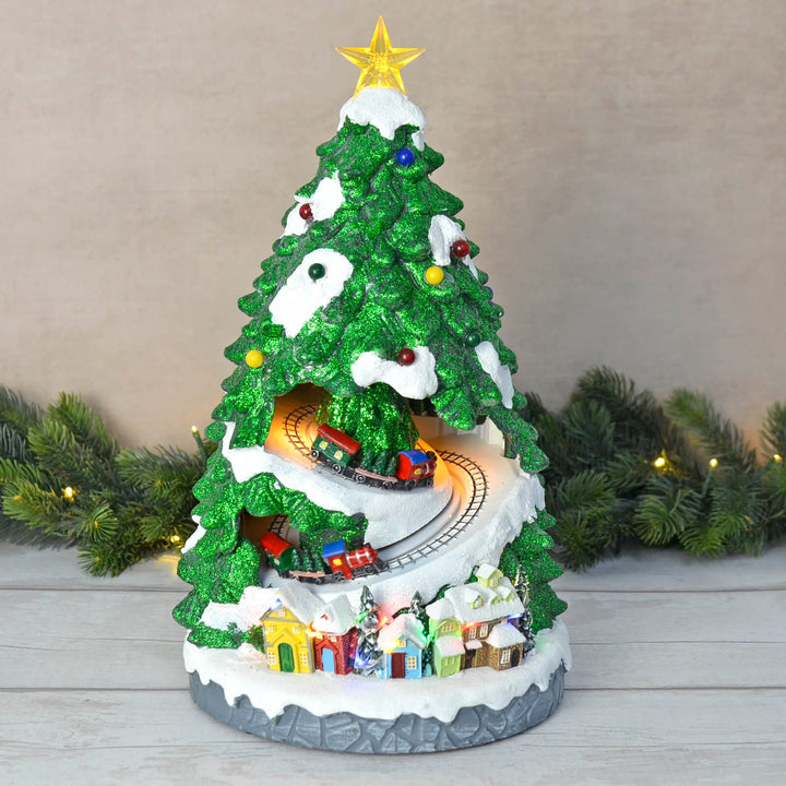 Christmas Tree Light Up Moving Trains Musical Snow Scene 39cm