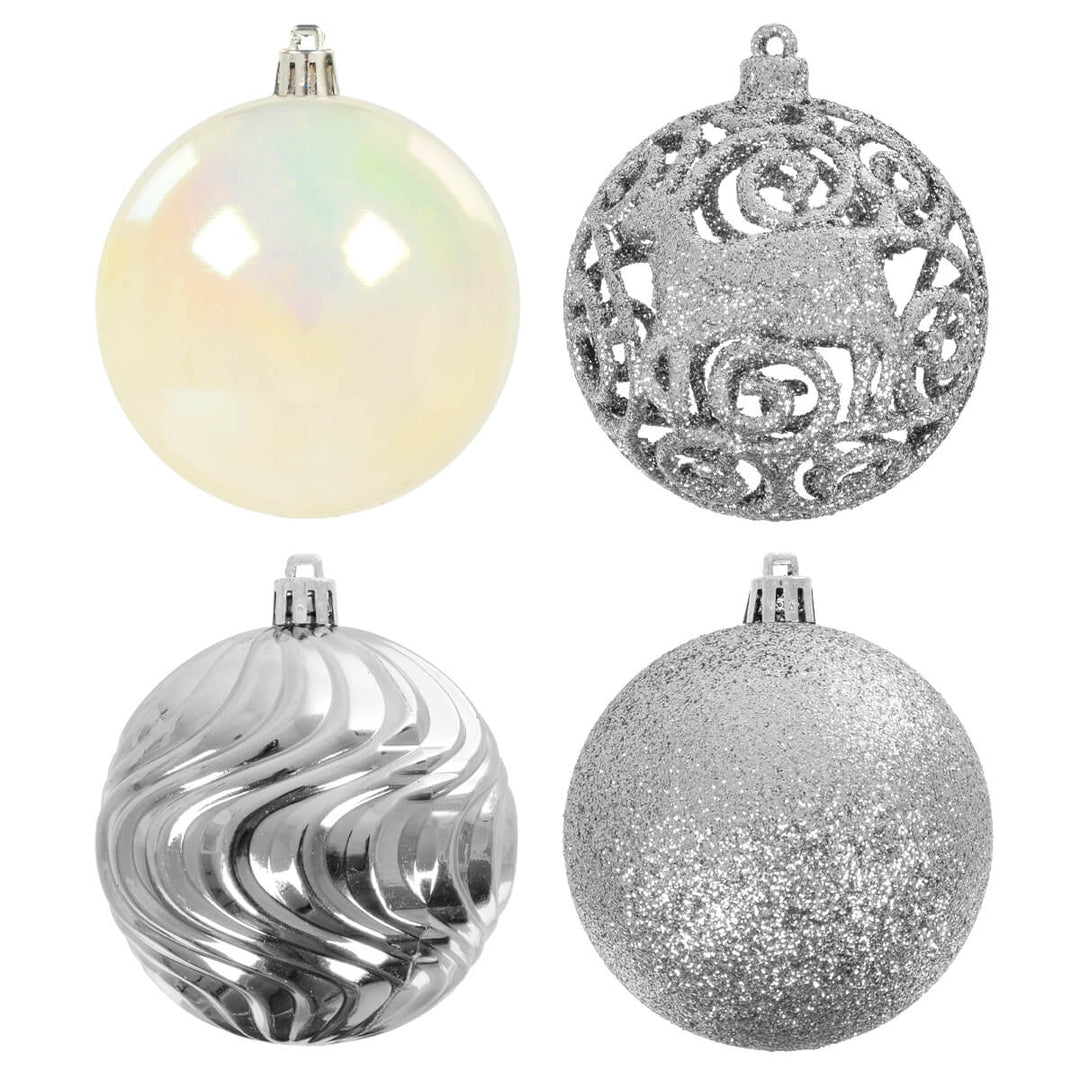 Pack of 16 Christmas Tree Baubles Mixed Design Decorations 8cm Silver