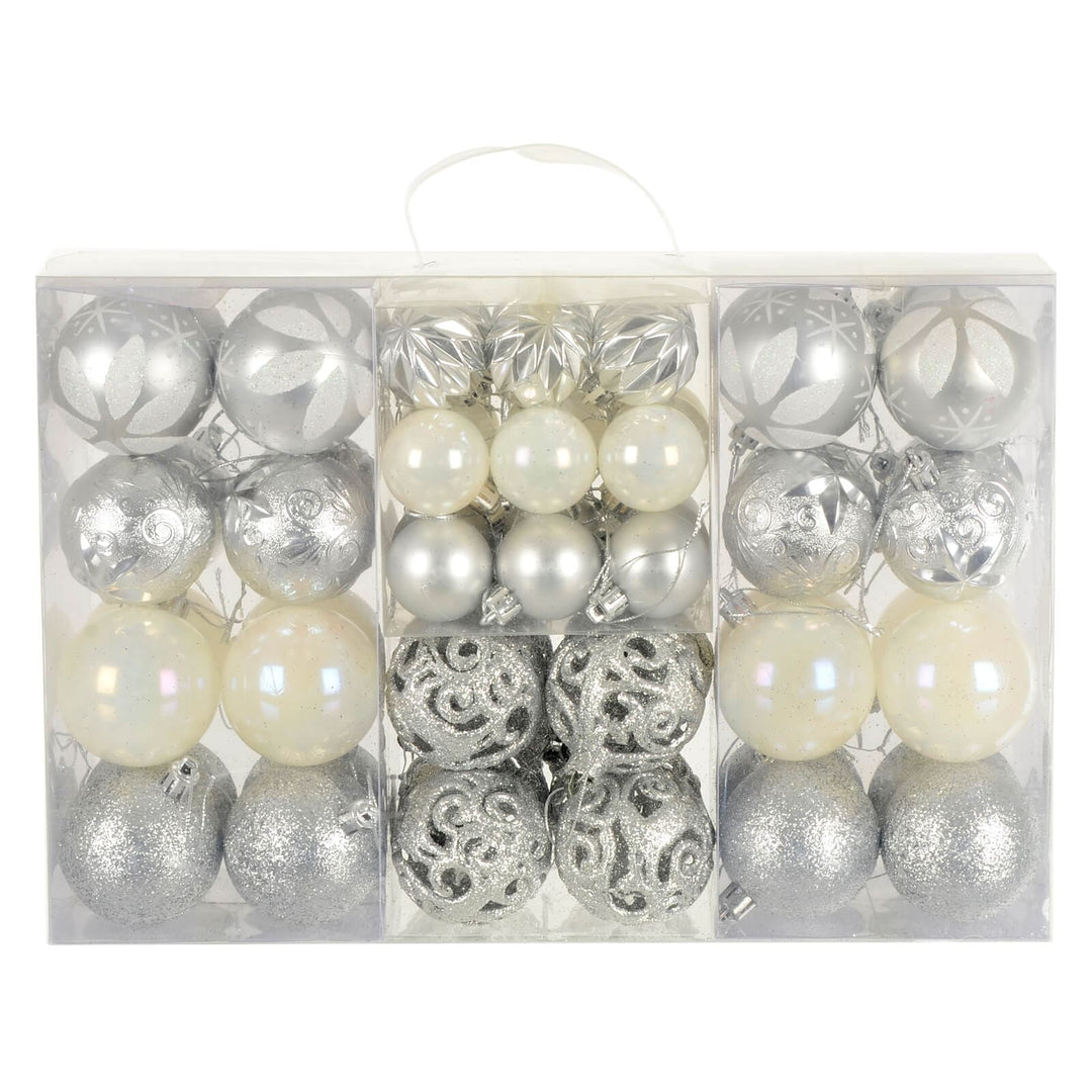 67pc Christmas Tree Baubles Set Mixed Size Design Decorations Silver