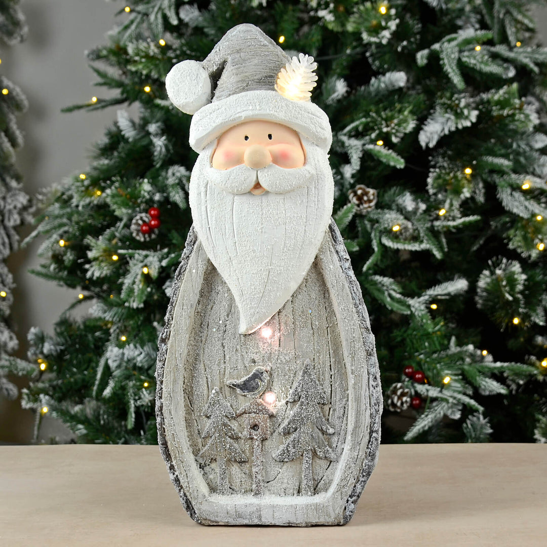 LED Santa With Bird House Christmas Decoration Grey White 43cm